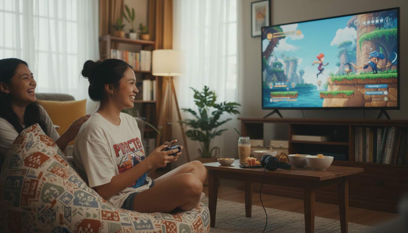 A woman enjoying online gaming in a casual setting.
